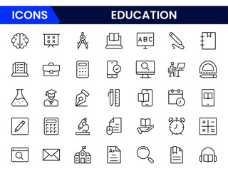 Engaging vector web line icons depicting education, learning tools, books, digital classrooms, and academic growth for knowledge advancement.