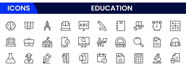 Engaging vector web line icons depicting education, learning tools, books, digital classrooms, and academic growth for knowledge advancement.