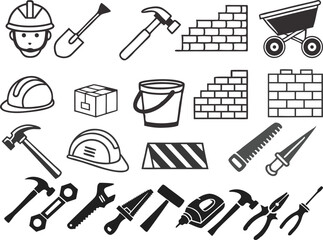 Obraz premium construction,construction worker,tools,helmet,bricks,mortar,shovel,hammer,screwdriver,wrench,toolbox,wheelbarrow,sledgehammer,trowel,measuring tape,level,hardhat,building materials 