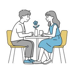 カフェで向かい合うカップルのイラスト