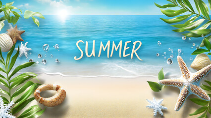 "Summer" text overlaying a beach scene, shows turquoise waves, sand with starfish and shells, and palm fronds on either side.