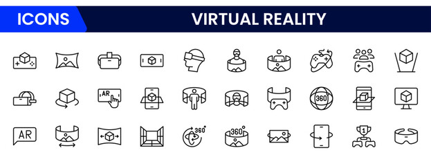 Immersive vector web line icons depicting virtual reality, headsets, simulations, immersive tech, and digital worlds for interactive experiences.
