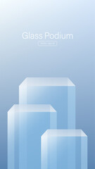 3D glass transparent crystal. Empty cylindrical pedestal. 3D cylinder and cube glass platforms set background. Vector realistic illustration of transparent plastic round and square
