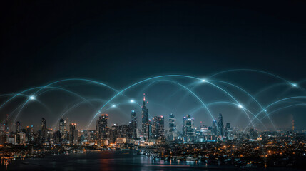 Night city view with dynamic light bands representing 5G networks and fiber optic pathways, technological urban transformation concept