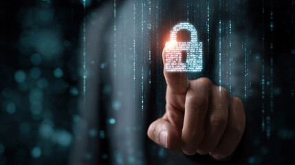 Person touching glowing virtual shield icon on transparent screen, digital padlock floating, background with binary code and cyber security interface