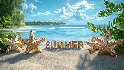 A tranquil beach scene with the word "SUMMER", Starfish resting on the sand, framing the tranquil seascape.