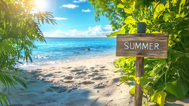 Summer themed image of a beach with calm blue ocean. A wooden sign in the foreground reads "SUMMER".
