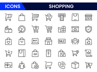 Vibrant vector web line icons depicting shopping, e-commerce, carts, payments, and seamless online retail experiences for dynamic consumer engagement.