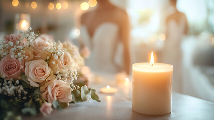 The image shows an elegant table setting with lit candles and a beautiful bouquet of pink roses and baby's breath. A bride is seen in the background, ready for her special day.