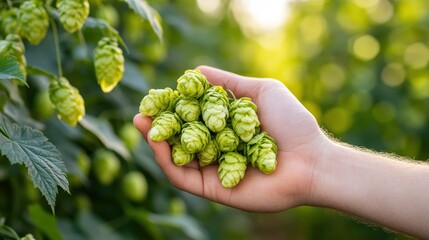 A hand holding fresh green hop cones in a sunlit hop field, highlighting the plant's texture and natural environment.
