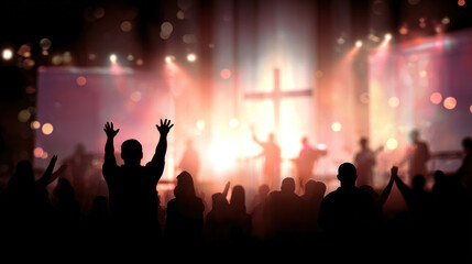 Silhouettes of worshippers with raised arms, bright stage with cross and band in background, abstract spiritual light and contemporary praise design