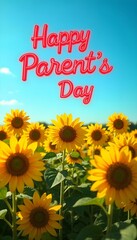 Bright Sunflowers Under a Blue Sky with Happy Parents Day Message in Red