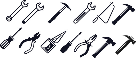 tools, gears, wrenches, pliers, screwdrivers, spanner, hammer, industrial, mechanical, hardware, workshop, machinery, engineering, construction, black and white, minimalist, line art, vector illustrat