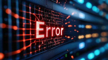 A digital screen displays the word "Error" in bright red, surrounded by a network-like grid and illuminated by blue and orange lights, symbolizing a system malfunction.
