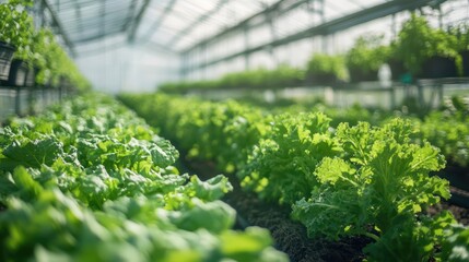 Large industrial greenhouse with fresh natural plants. Concept of growing healthy food, diet, vegetarianism and technology.