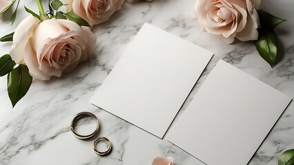 Wedding mockup with roses and gold wedding bands. Two blank cards sit atop a white marble surface alongside the floral arrangement and rings.
