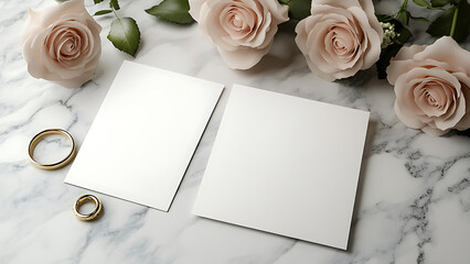 Wedding mockup with roses and gold wedding bands. Two blank cards sit atop a white marble surface alongside the floral arrangement and rings.