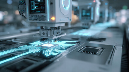 Smart electronics assembly line with AI-controlled pick and place machine, glowing circuit paths and futuristic control panels, concept of intelligent manufacturing