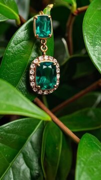 Elegant gold gemstone earrings with green stones and a diamond halo displayed on a lush green leafed bush, jewelry advertisement concept