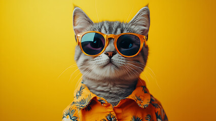 Cool cat! An adorable gray tabby wears sunglasses and a tropical shirt, posing in front of a vibrant yellow backdrop. Perfect for a fun and lighthearted vibe.