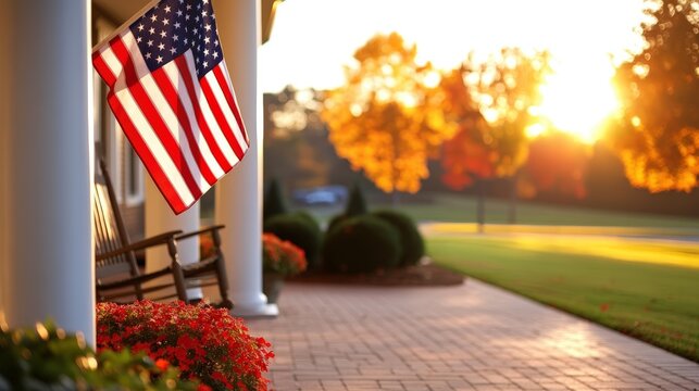 A warm, sunlit porch with an American flag, blooming flowers, and a peaceful, autumnal suburban landscape.