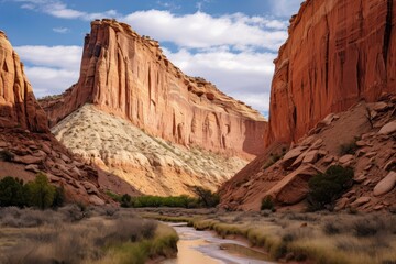 Fototapeta premium Majestic sandstone cliffs tower over a serene river in a peaceful canyon landscape