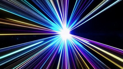 Abstract light streaks converge to a central bright point in a dynamic cosmic burst against a dark space backdrop - Powered by Adobe