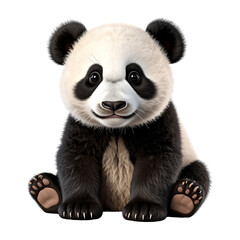 Front view of a cute baby giant panda bear, a black and white mammal, isolated on a white background