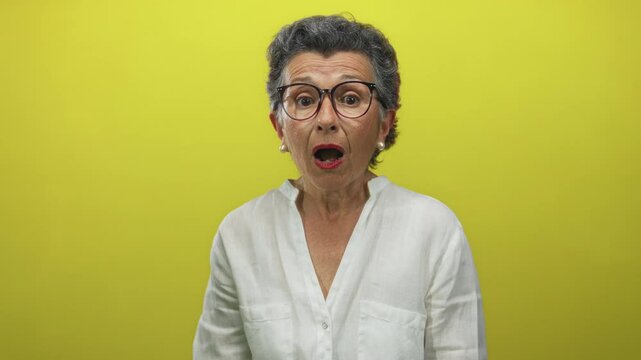 Senior woman with grey hair and glasses, wearing a white shirt, stands against a bright yellow background, expressing surprise and emotion in multiple frames.