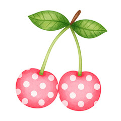 Ripe red cherries, a sweet fruit illustration with green leaves and stems