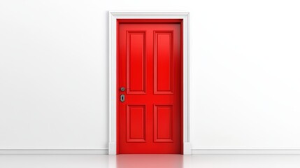 A vibrant red door with classic panel design stands out against a plain white wall and baseboard in a minimalistic interior setting.