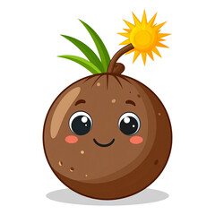 Happy cartoon coconut fruit character vector illustration with a sweet smiling face, a cute symbol of nature's dessert