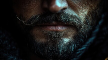 Close-Up Portrait of a Handsome Man with Stylish Mustache and Beard, Intense Expression