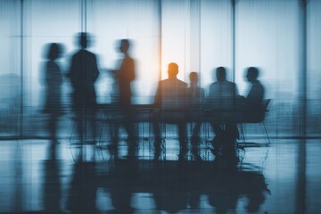 Group of businesspeople negotiating gathered in modern conference room, blurred silhouettes view, meeting behind closed glass doors. Business communication, workflow, decision-making, strategy sharing