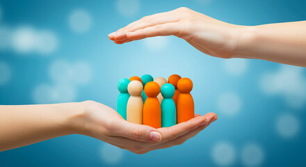 Hands holding and protecting wooden figures representing a group of people on blue background