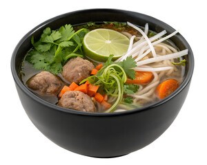 A bowl of Vietnamese pho. The pho is served in a black bowl and features meatballs, noodles, carrots, and bean sprouts in a clear broth. It is garnished with fresh cilantro and a lime wedge.