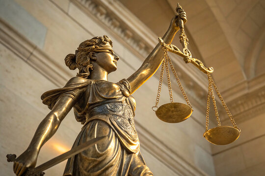 A majestic golden statue of Lady Justice holding the scales of balance, symbolizing fairness, law, and impartiality. 