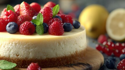 Fresh fruit tart with strawberries blueberries and mint leaves on top of creamy dessert with whole and sliced lemons in background on rustic wooden surface