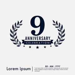 9th years anniversary celebration emblem. congratulations anniversary logo isolated with ribbon and laurel wreath on white background. vector illustration template design for web