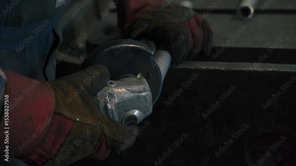 Poster worker skillfully grinds metal part with pneumatic tool in workshop setting
