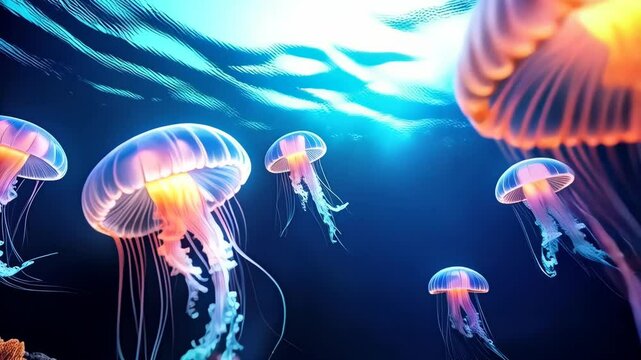 Luminous jellyfish gracefully float in deep ocean waters, glowing with bioluminescent light in shades of pink, orange and blue.