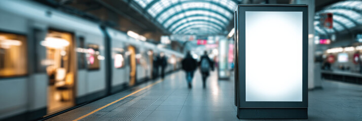Side view metro billboard mockup with illuminated poster and dynamic platform scene