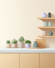 Plants and vases are arranged on a shelf in a home. Indoor decor, interior design, minimalist style, home decoration.