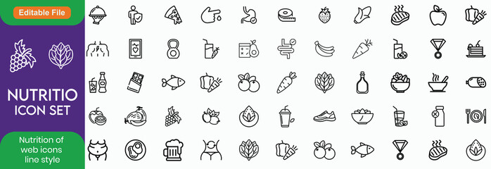Nutrition set of web icons in line style. Healthy food linear icon collection. Containing food, vegetables, water, palm oil free, сaunt calories, zero trans fat, macrobiotics and more. Editable stroke