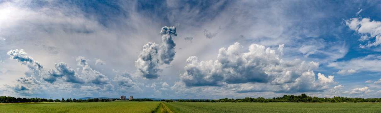 Panoramafoto eines dramatischen Wolkenhimmels mit Schleiherwolken und Cumulus Castellanus &uuml;ber einem gr&uuml;nen Feld mit Feldweg