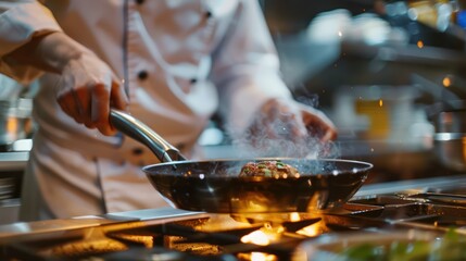 close-up of a professional chef putting a frying pan on an induction stove before starting to cook burger.