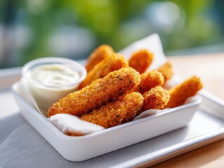 Southern spear fried pickles in ceramic tray with garlic dip popular American frickles snack , Selective Focus