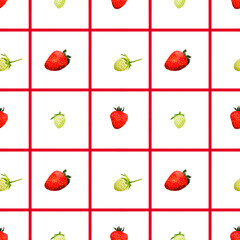 Seamless fruit pattern of ripe and green strawberries in a checkered pattern on a white background.