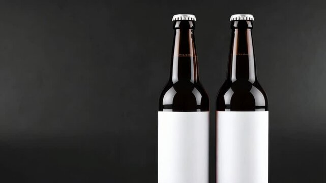 Two unlabeled brown bottles stand side-by-side against a dark gray backdrop ready for branding