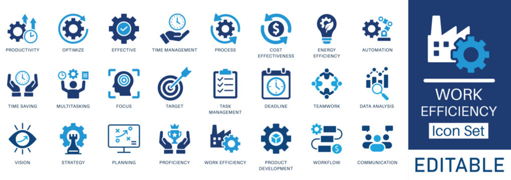 Work efficiency icon set. Flat vector design featuring productivity, planning, time management, workflow, teamwork, and business strategy. Clean, editable, minimal style.